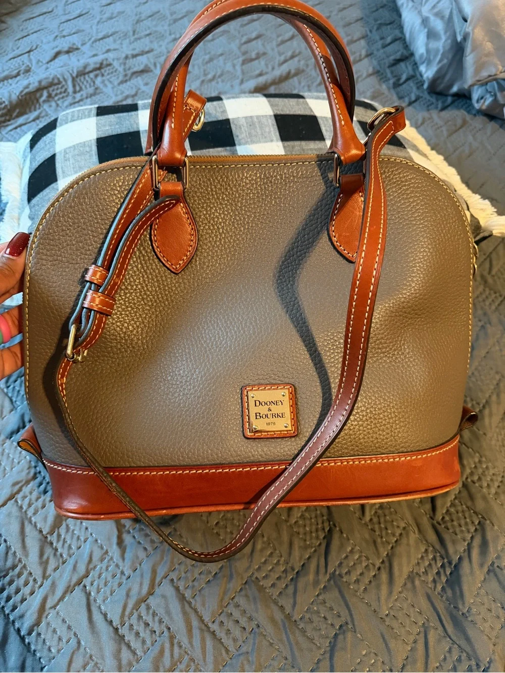 Dooney & Bourke Taupe Pebble Leather Satchel with Brown Trim